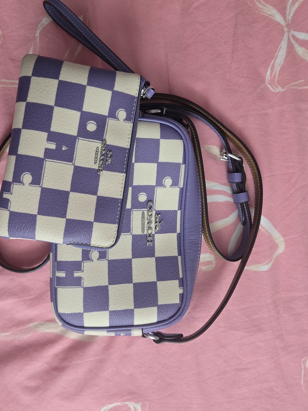 Coach Lavender & White Checker Canvas Crossbody with Wristlet - Picture 2 of 2